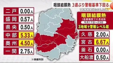 咽頭結膜熱（プール熱）３週ぶりに警報基準下回る　１医療機関当たり２．３５人　岩手県