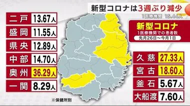 新型コロナは３週ぶり減少　１医療機関１５．４４人　岩手県