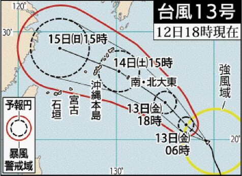 台風13号が発達　あす14日にも大東島と沖縄本島が暴風域の恐れ　最大瞬間風速50メートルの見込み