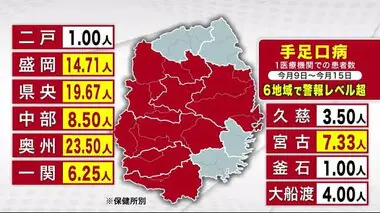 手足口病　４週ぶりに減少も警報の基準超え続く　岩手県