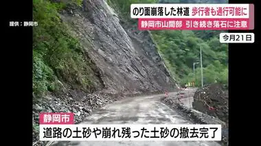 静岡市山間部の法面が崩落した林道で土砂の撤去完了…歩行者も通行可能に 引き続き落石に注意を